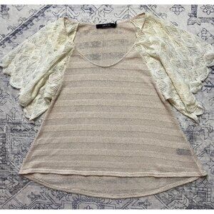 Ark & Co. Womens Small Beige Knit Top Sheer 3/4 Lace Sleeves Stretch Knit Blouse